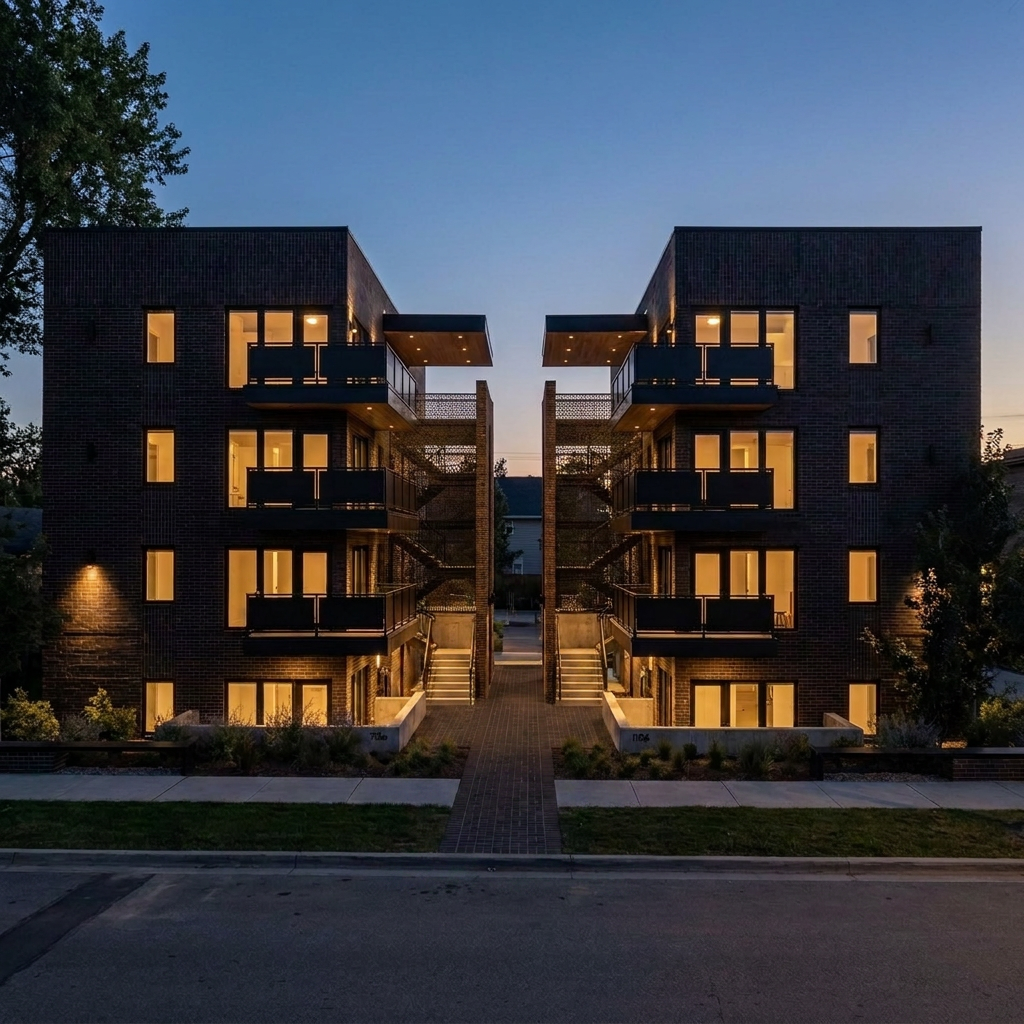 Boardwalk by MOD at dusk, lit windows