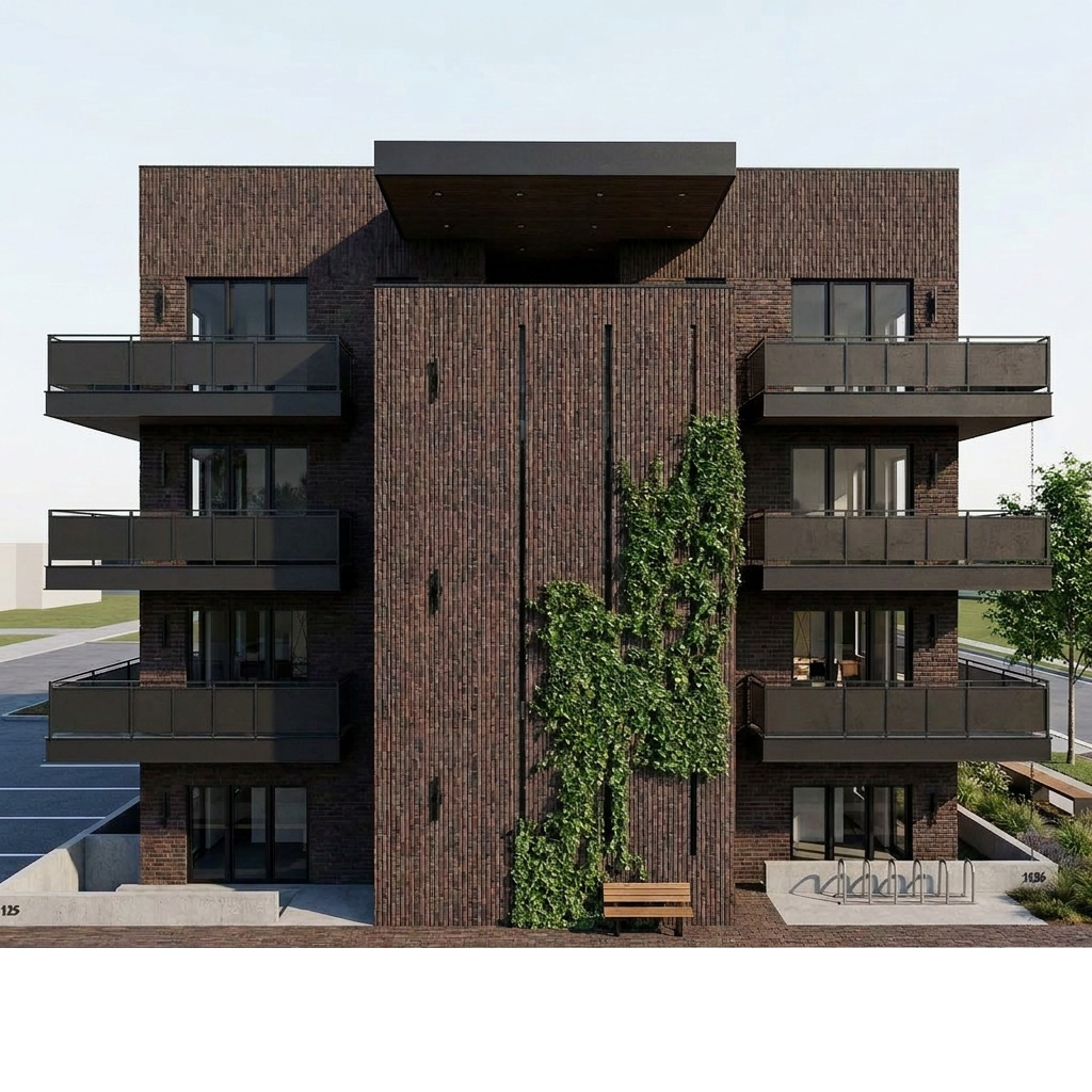 Building entry detail with landscaping