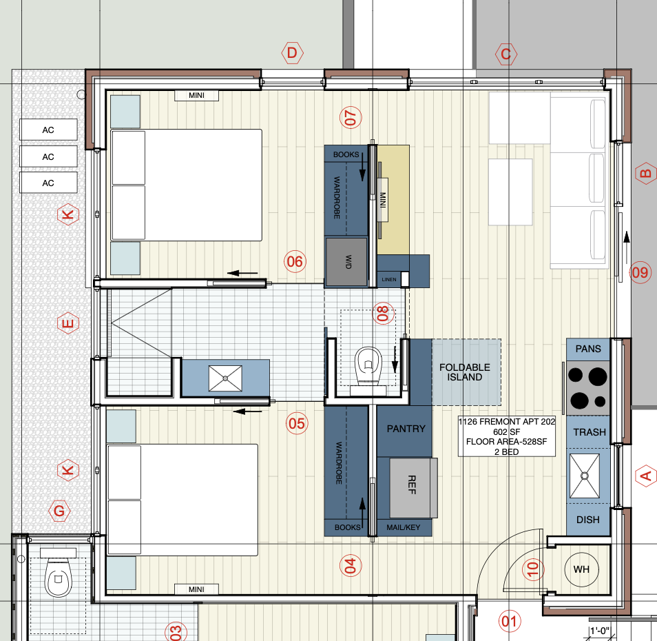 Two Bedroom floor plan, 602 SF