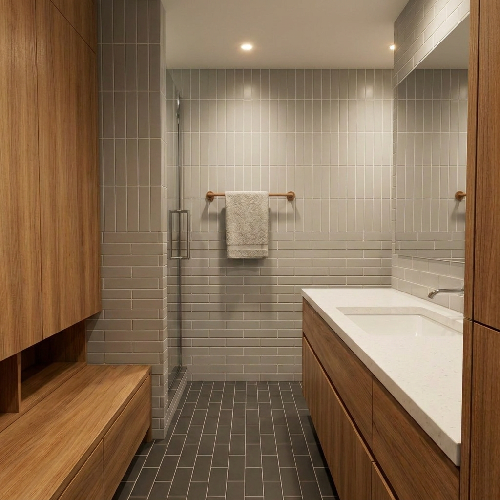 Bathroom with tile shower and wood vanity